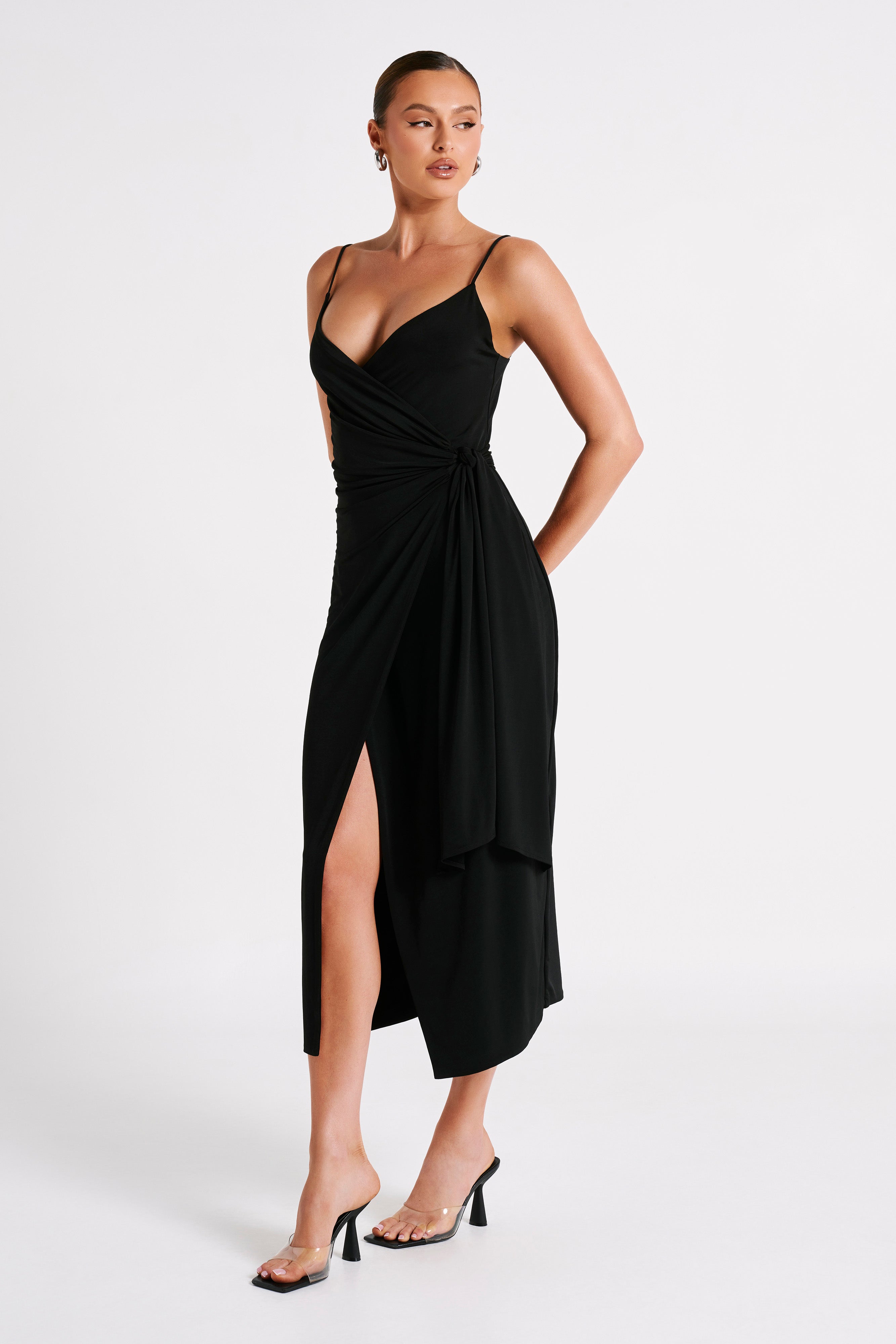 Caroline Draped Wrap Midi Dress - Black