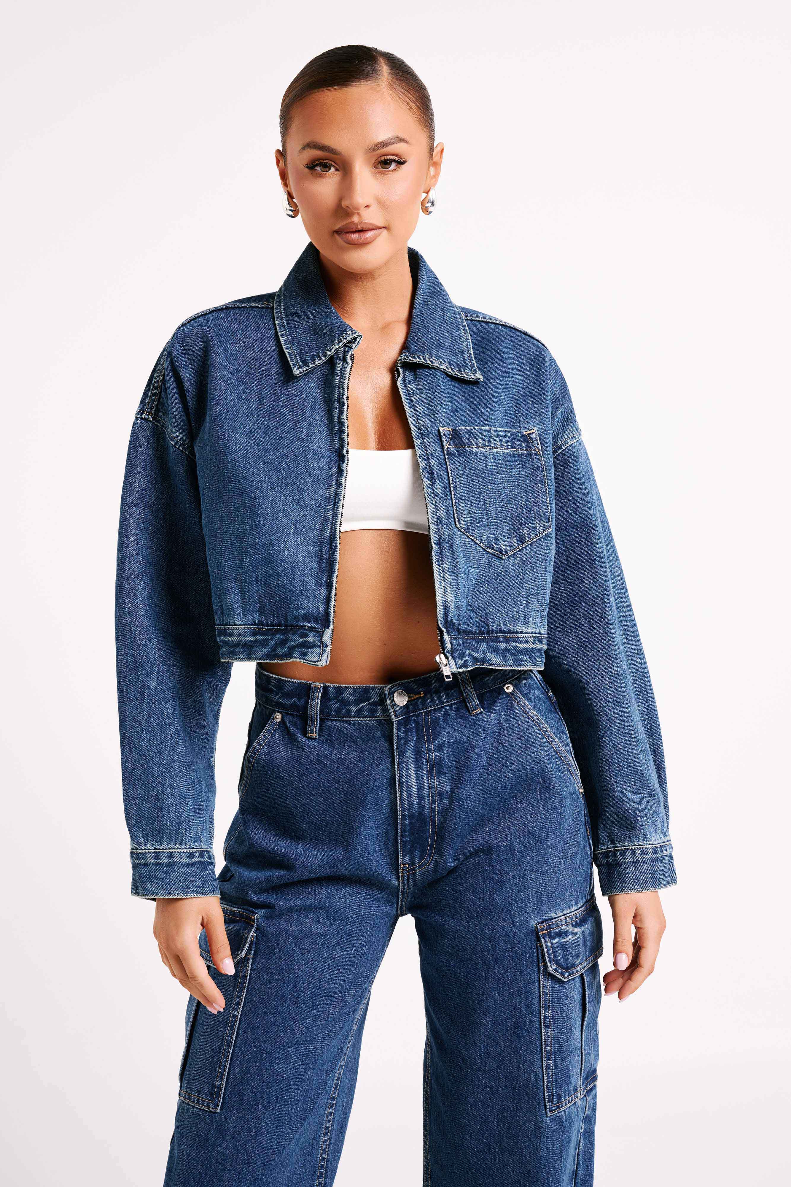Kyle Cropped Denim Jacket - Dark Blue