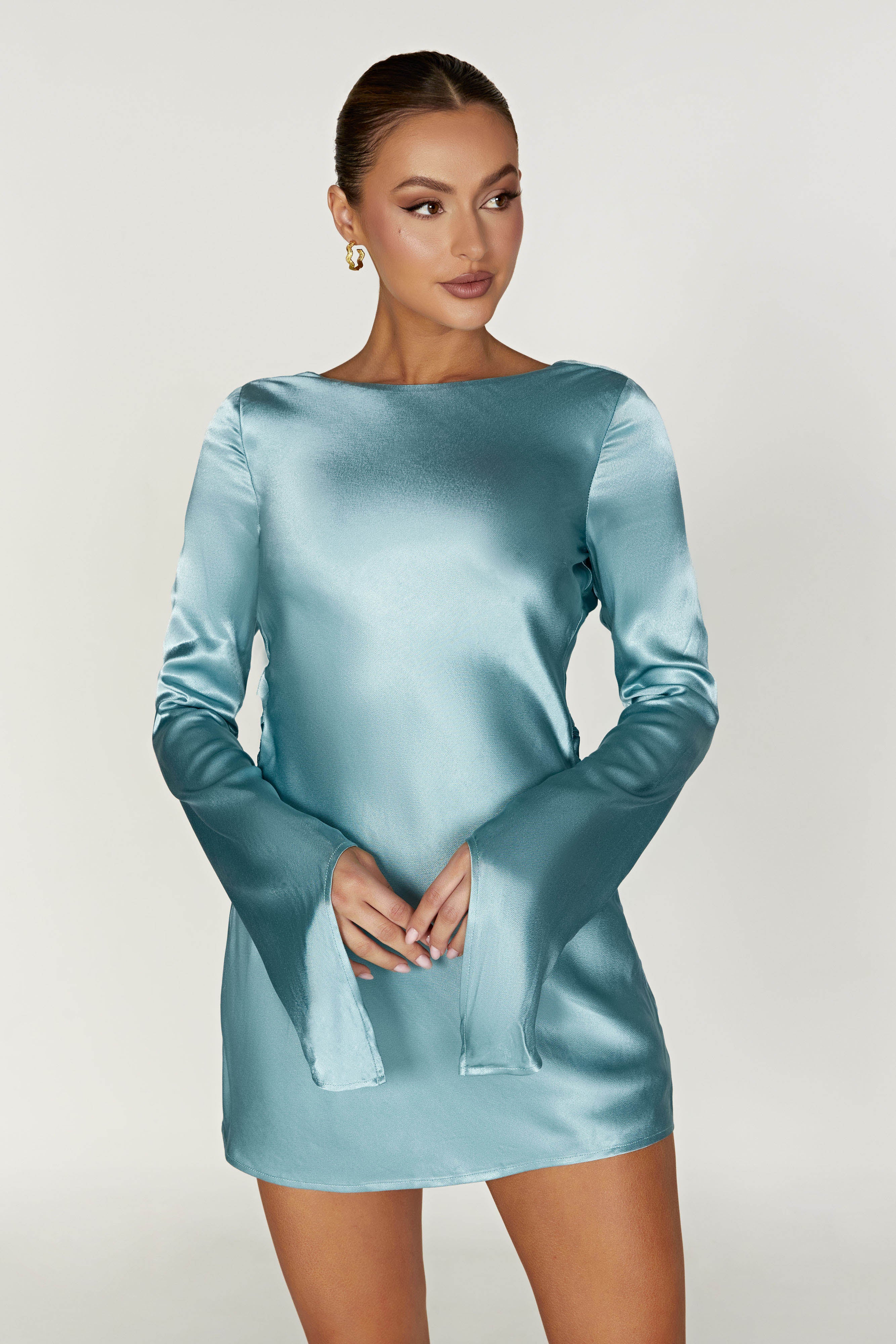 Davina Satin Long Sleeve Mini Dress - Powder Blue