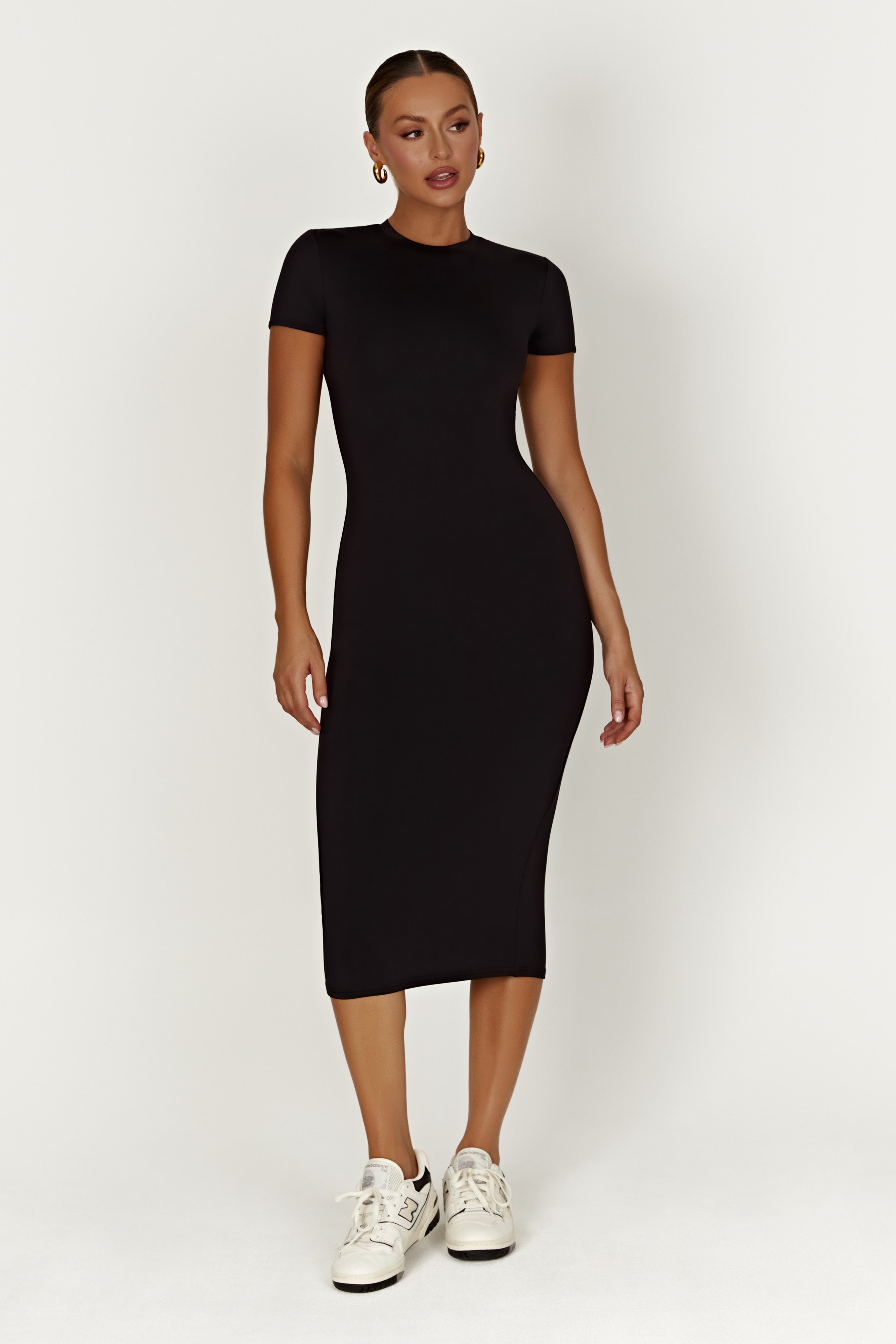 Penny Recycled Nylon Short Sleeve Midi Dress - Black