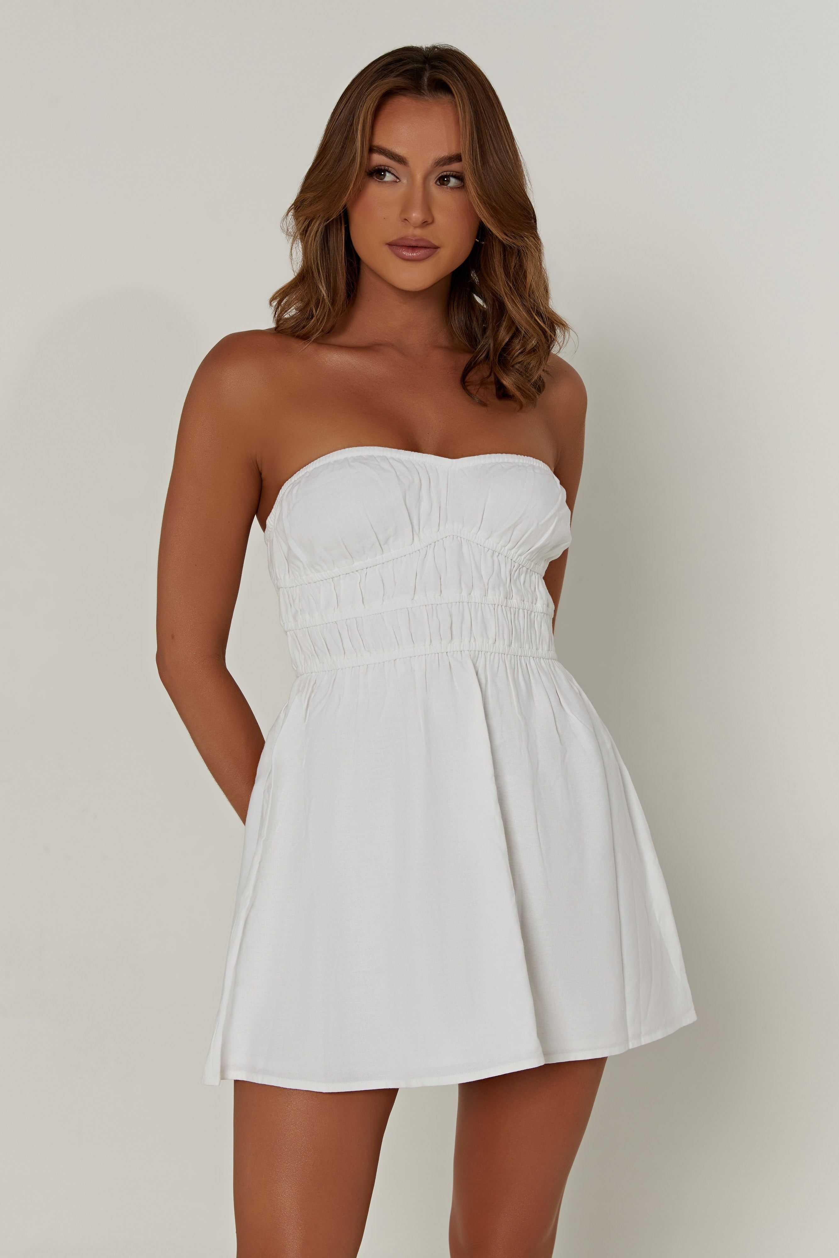 Eloise Strapless Linen Mini Dress - White