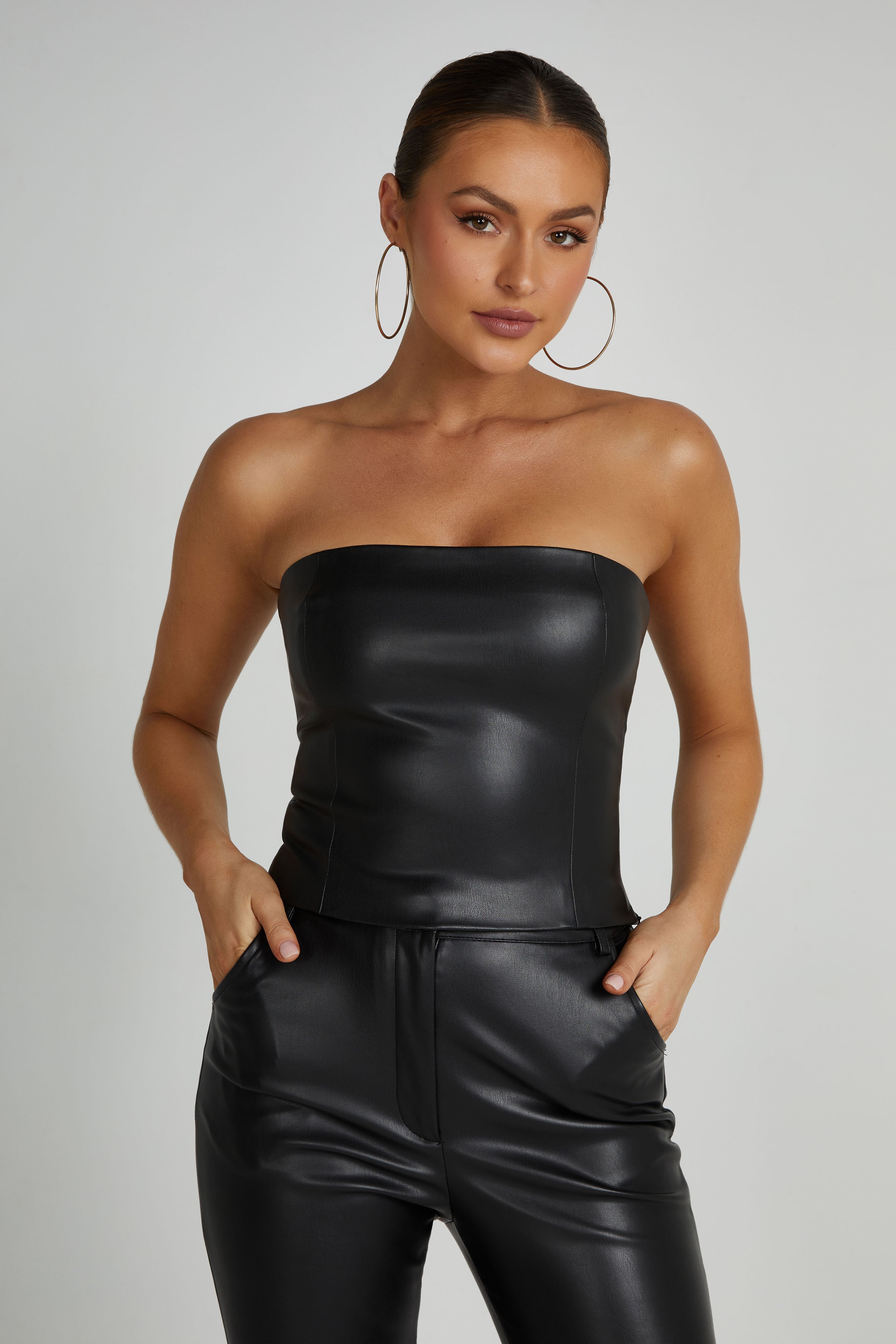 Pamela Faux Leather Strapless Crop Top  - Black
