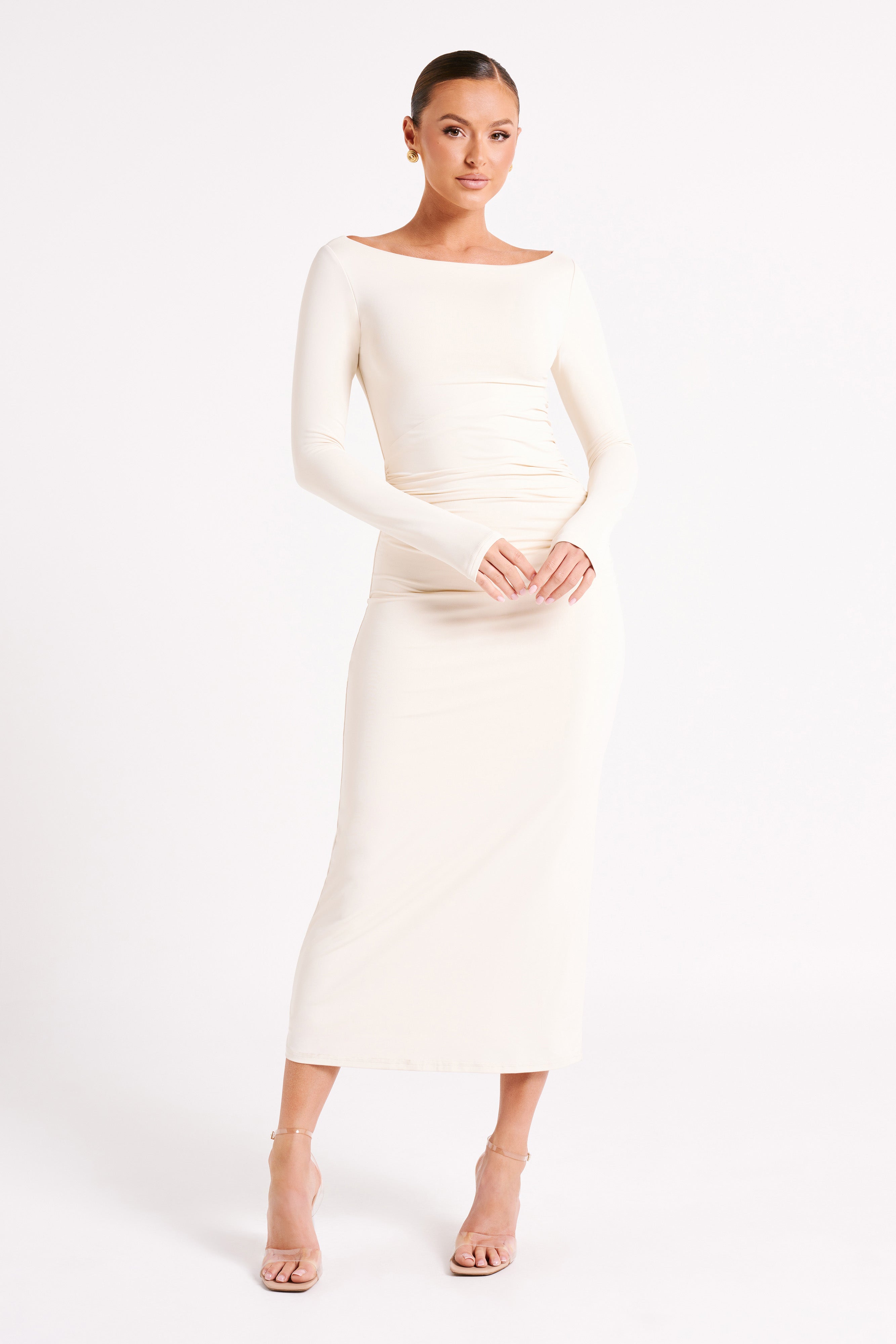 Anya Recycled Nylon Long Sleeve Midi Dress - Sand