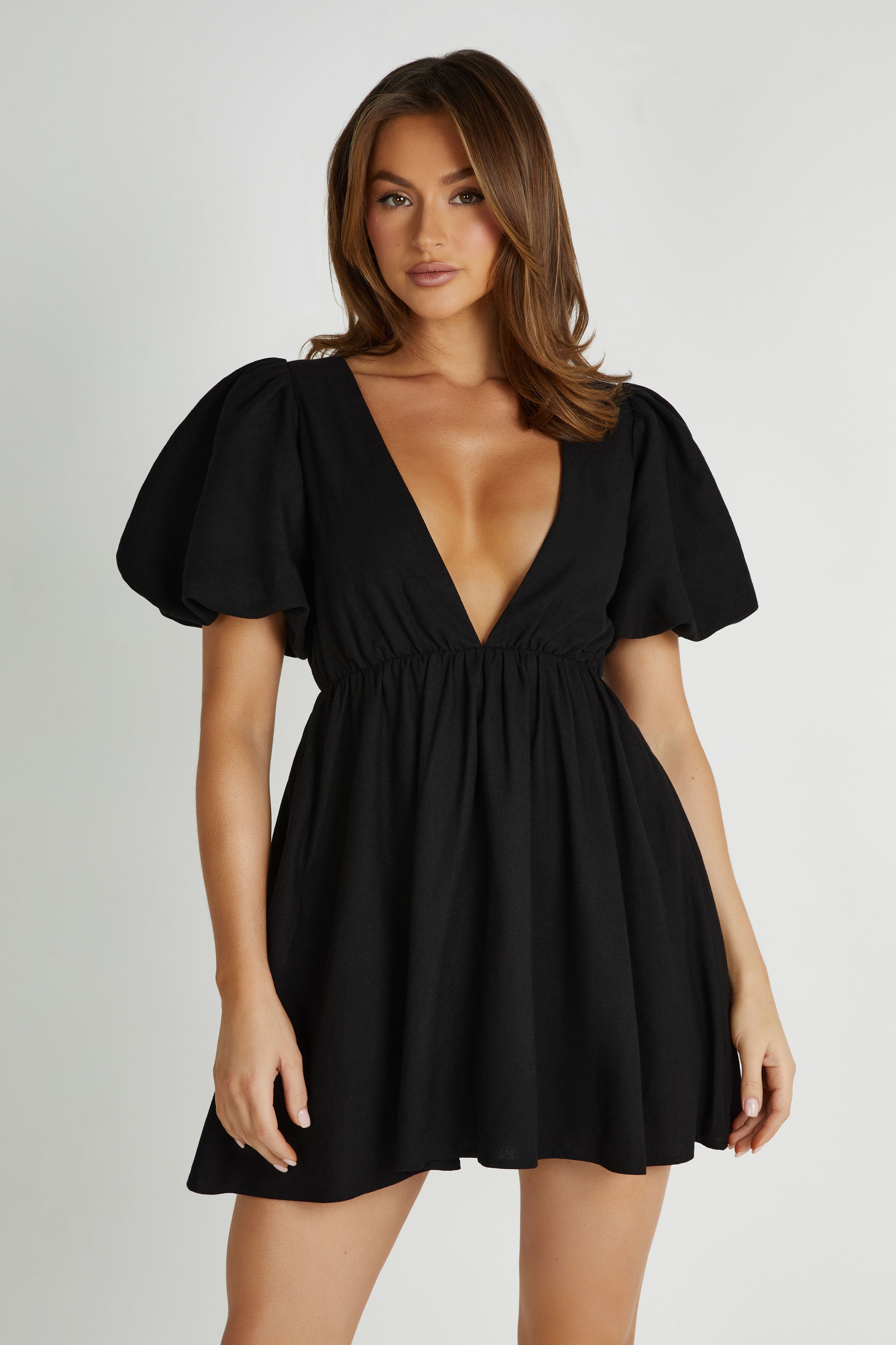 Myrah Puff Sleeve Linen Mini Dress - Black