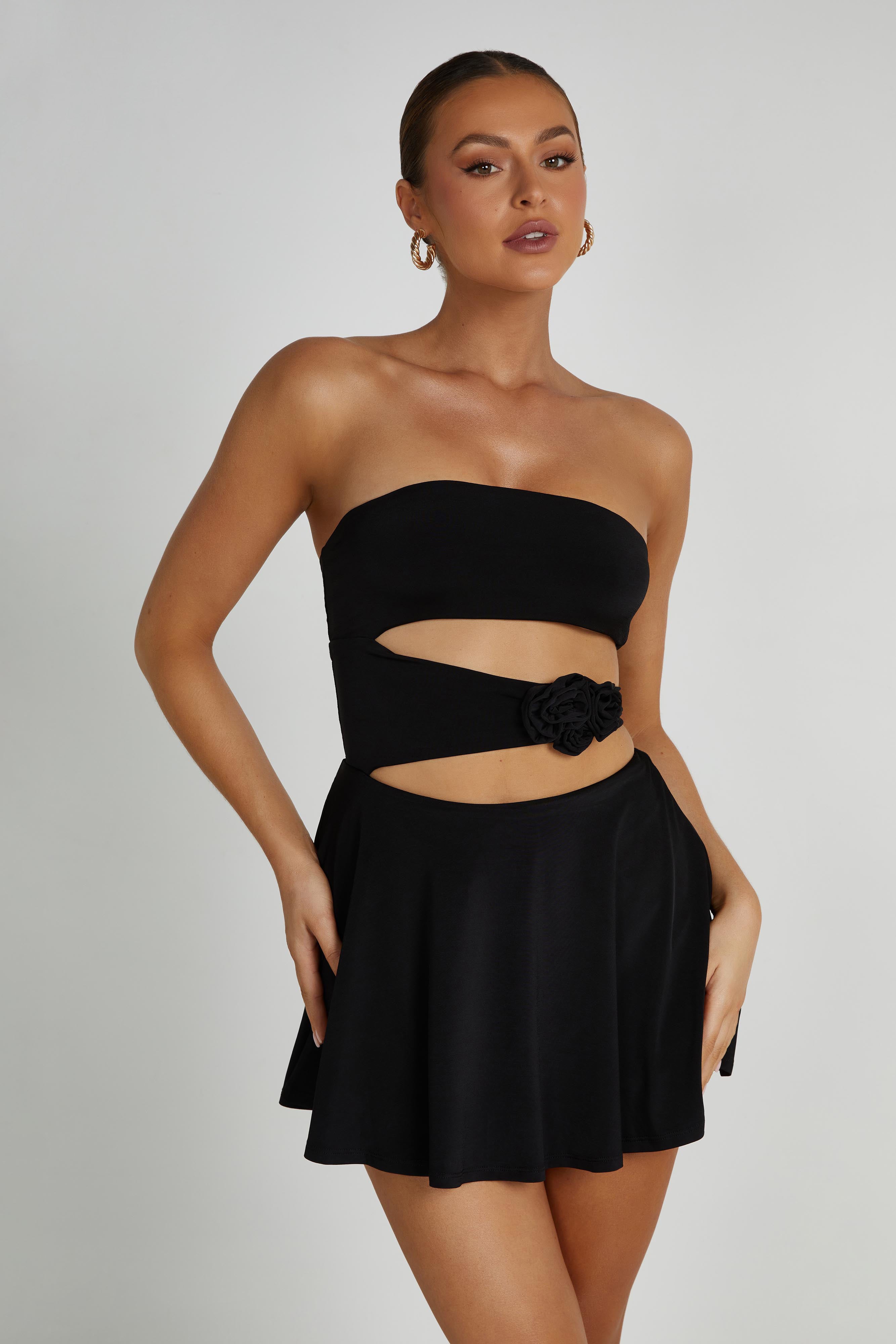 Montanna Strapless Rose Mini Dress - Black