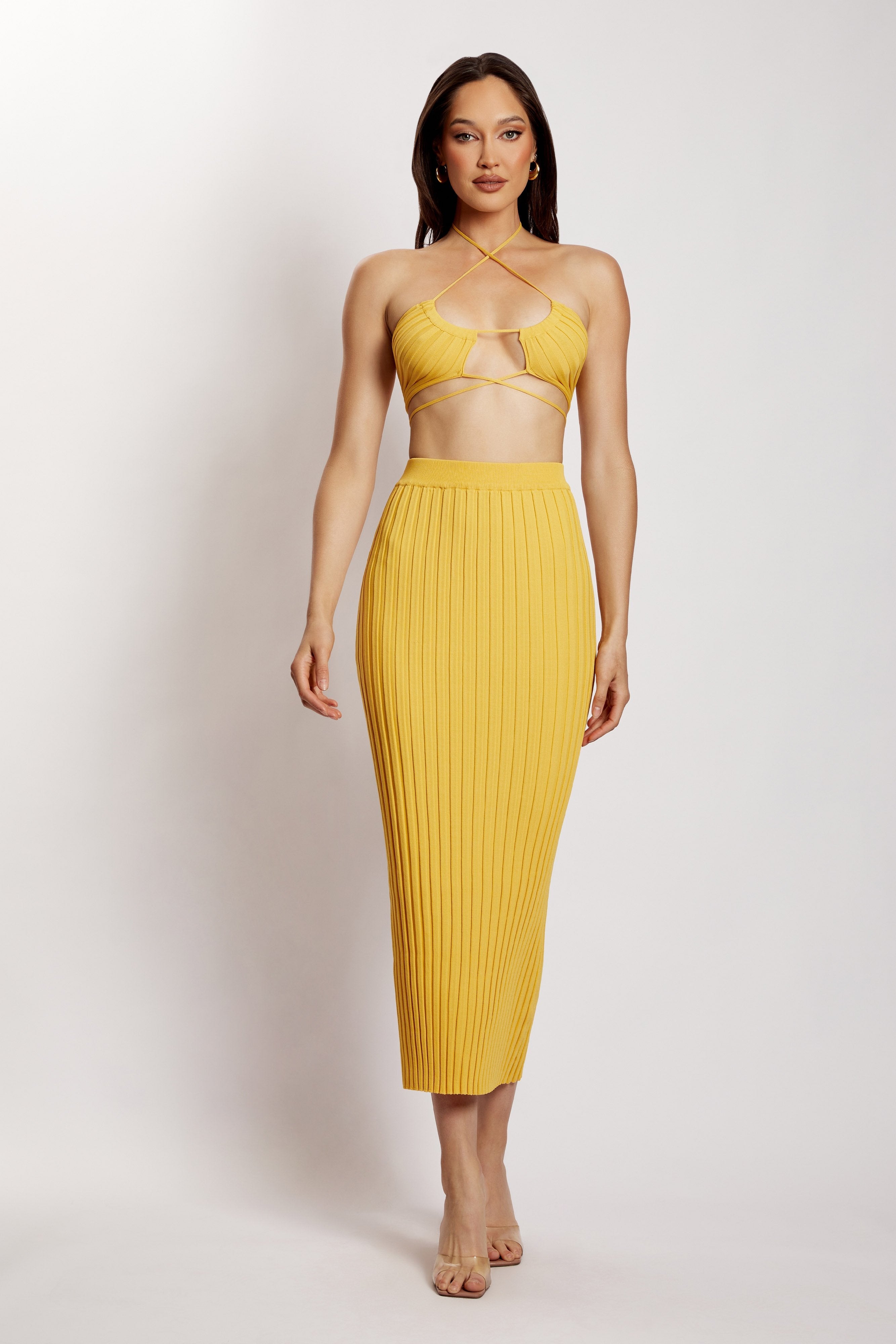 Stacey Ruched Knit Halter Top - Yellow