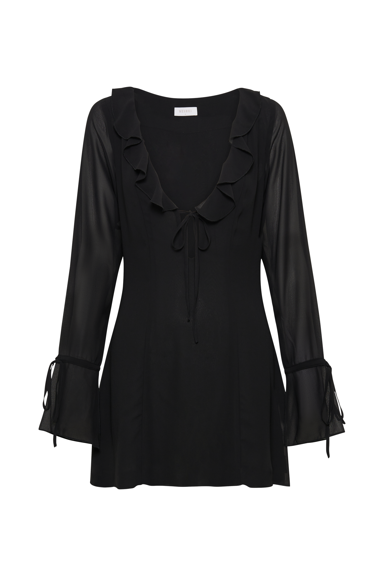 Deja Long Sleeve Chiffon Mini Dress - Black