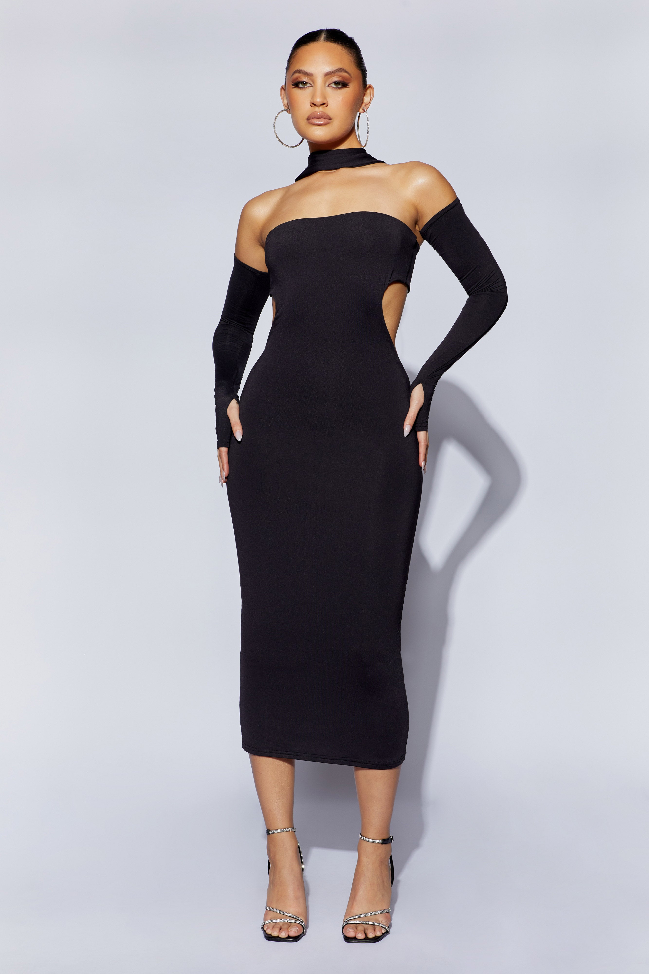 Demie Neckband Midi Dress With Fingerless Gloves - Black