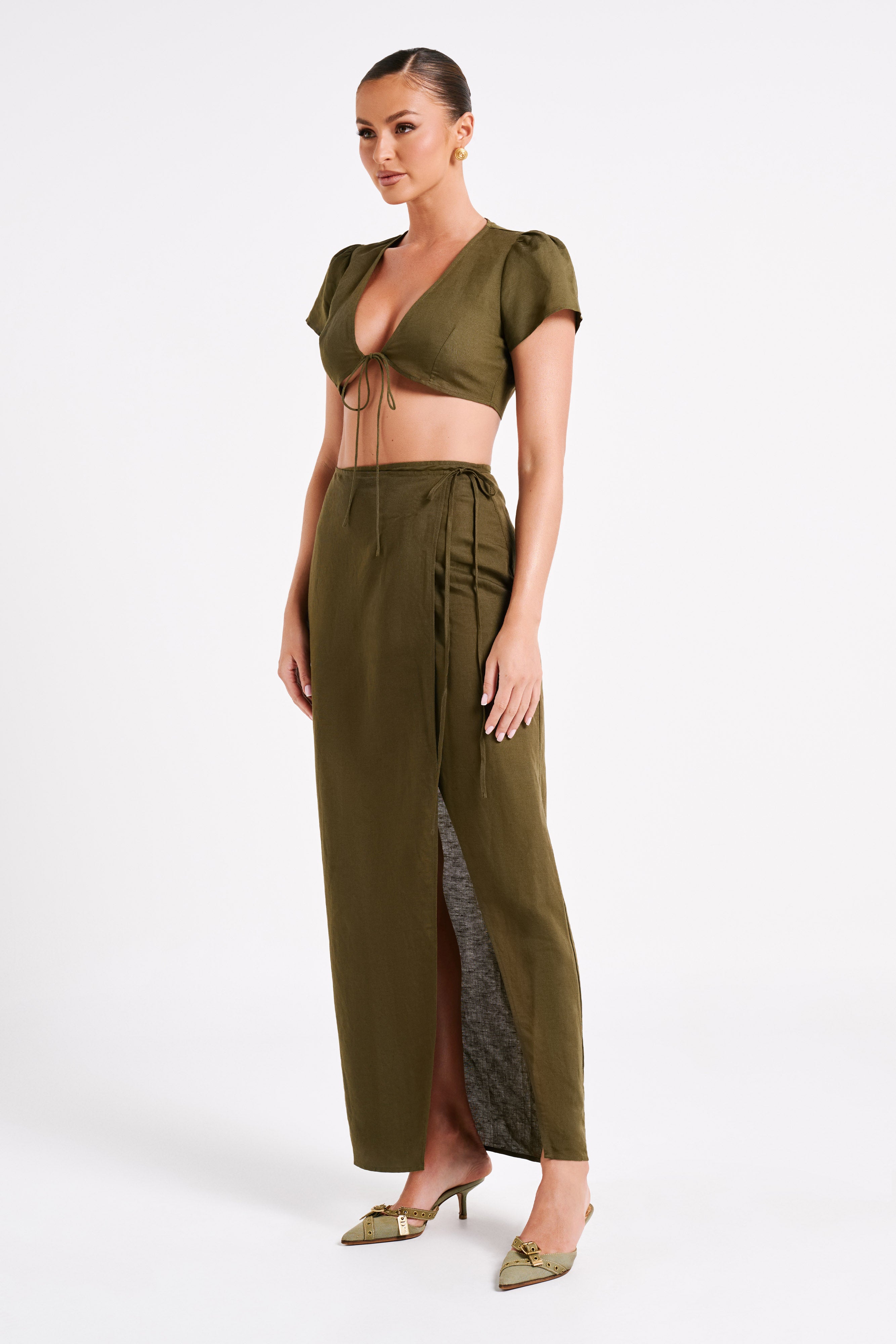 Fatima Linen Wrap Maxi Skirt - Khaki