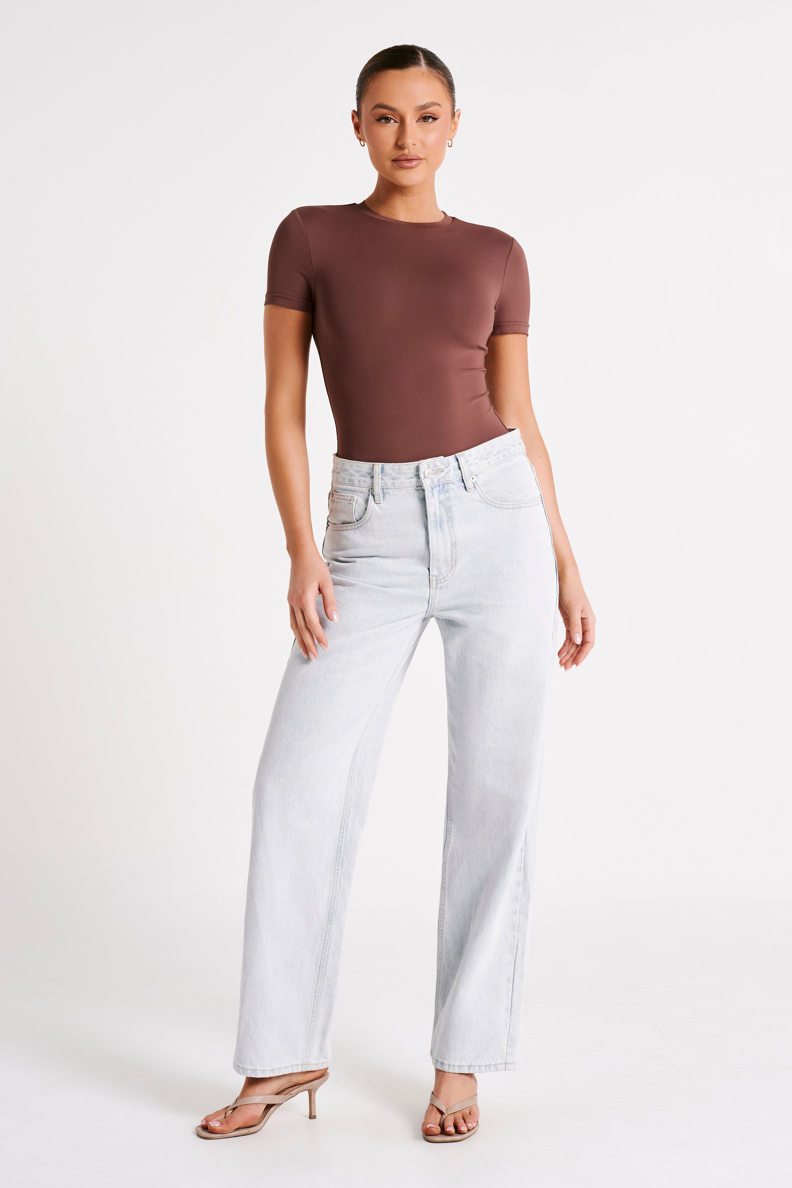 Francesca Recycled Nylon Crew Neck Short Sleeve Bodysuit - Mocha