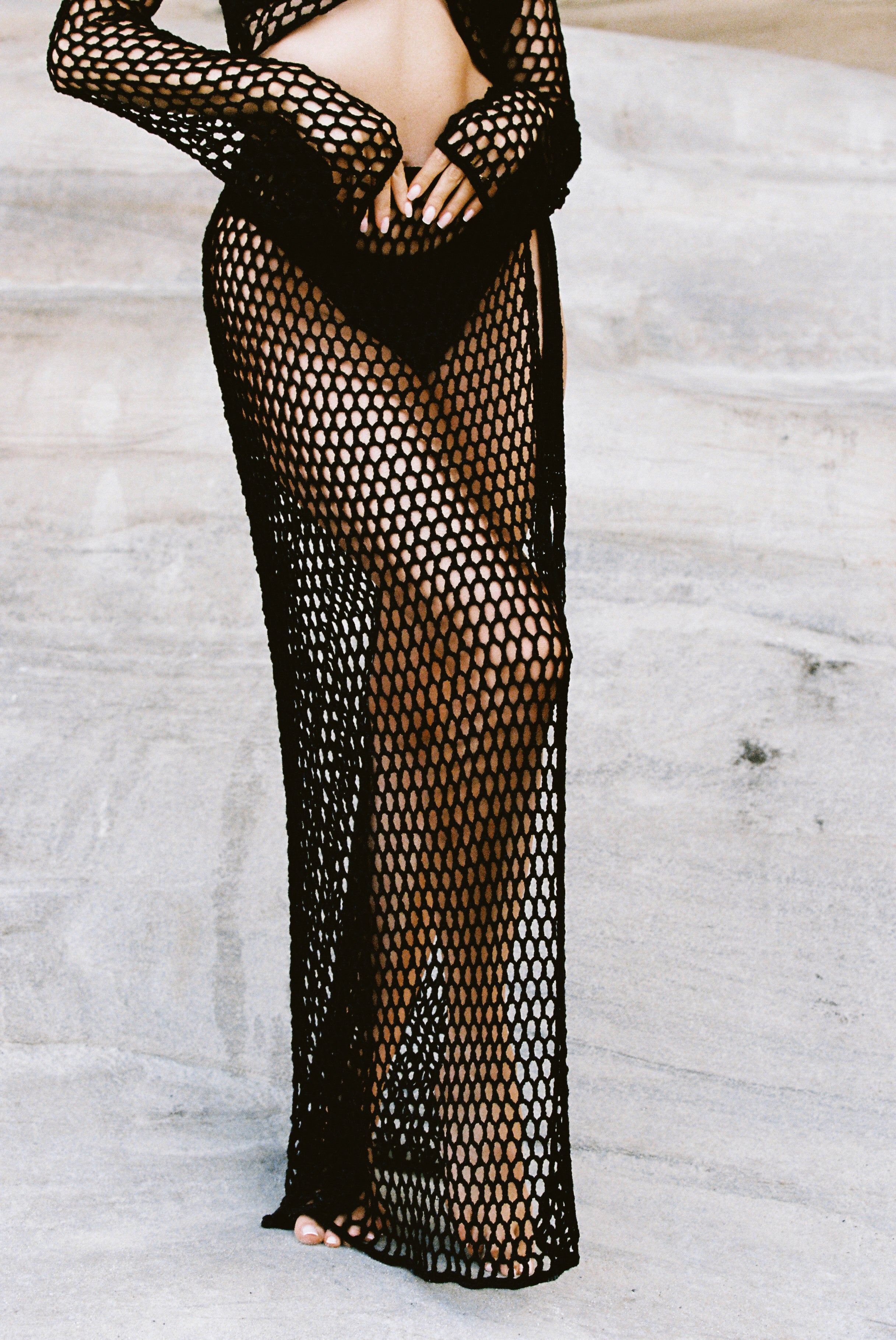 Hallie Tie Up Crochet Maxi Skirt - Black