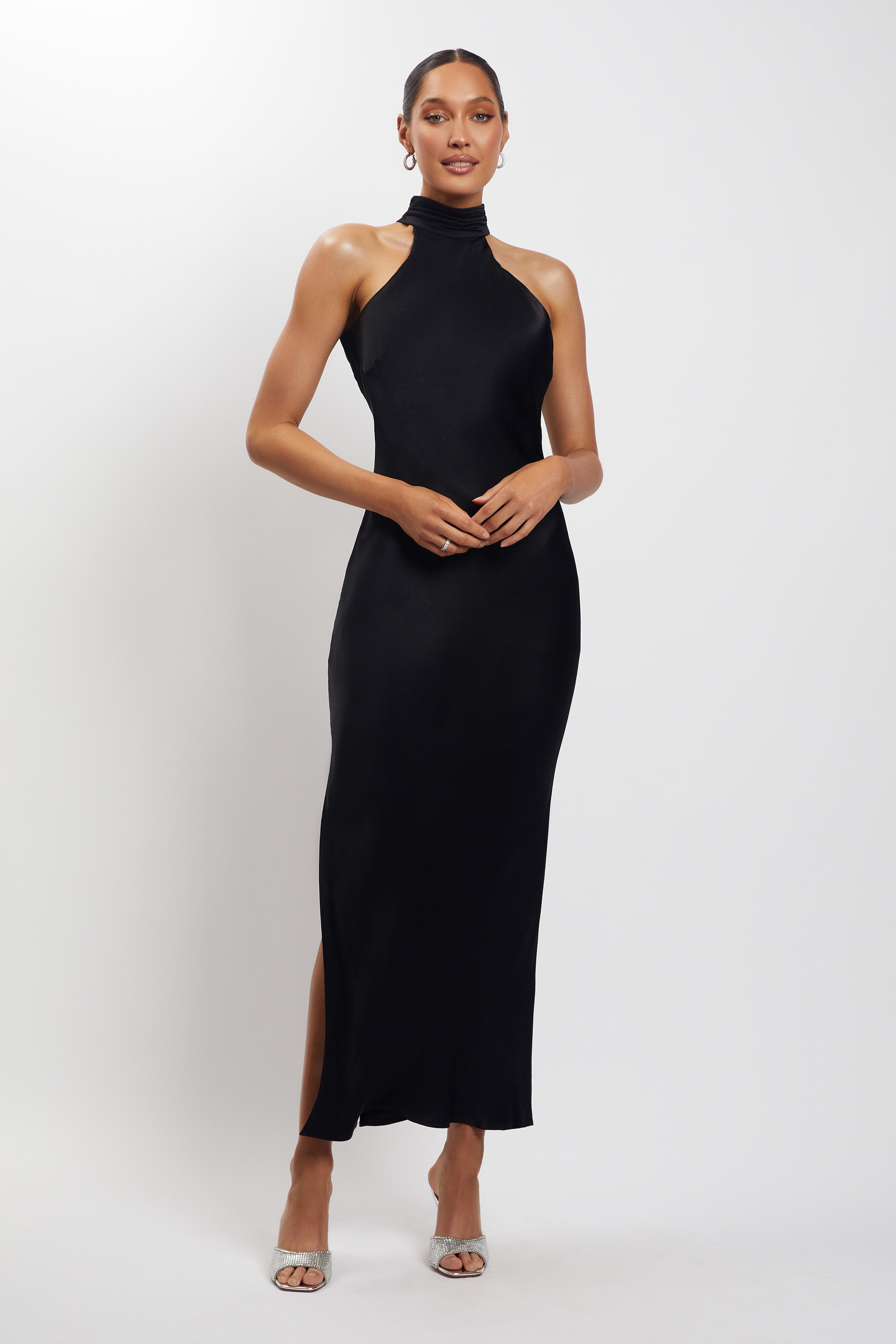 Claire Satin Drape Back Maxi Dress with Split - Black
