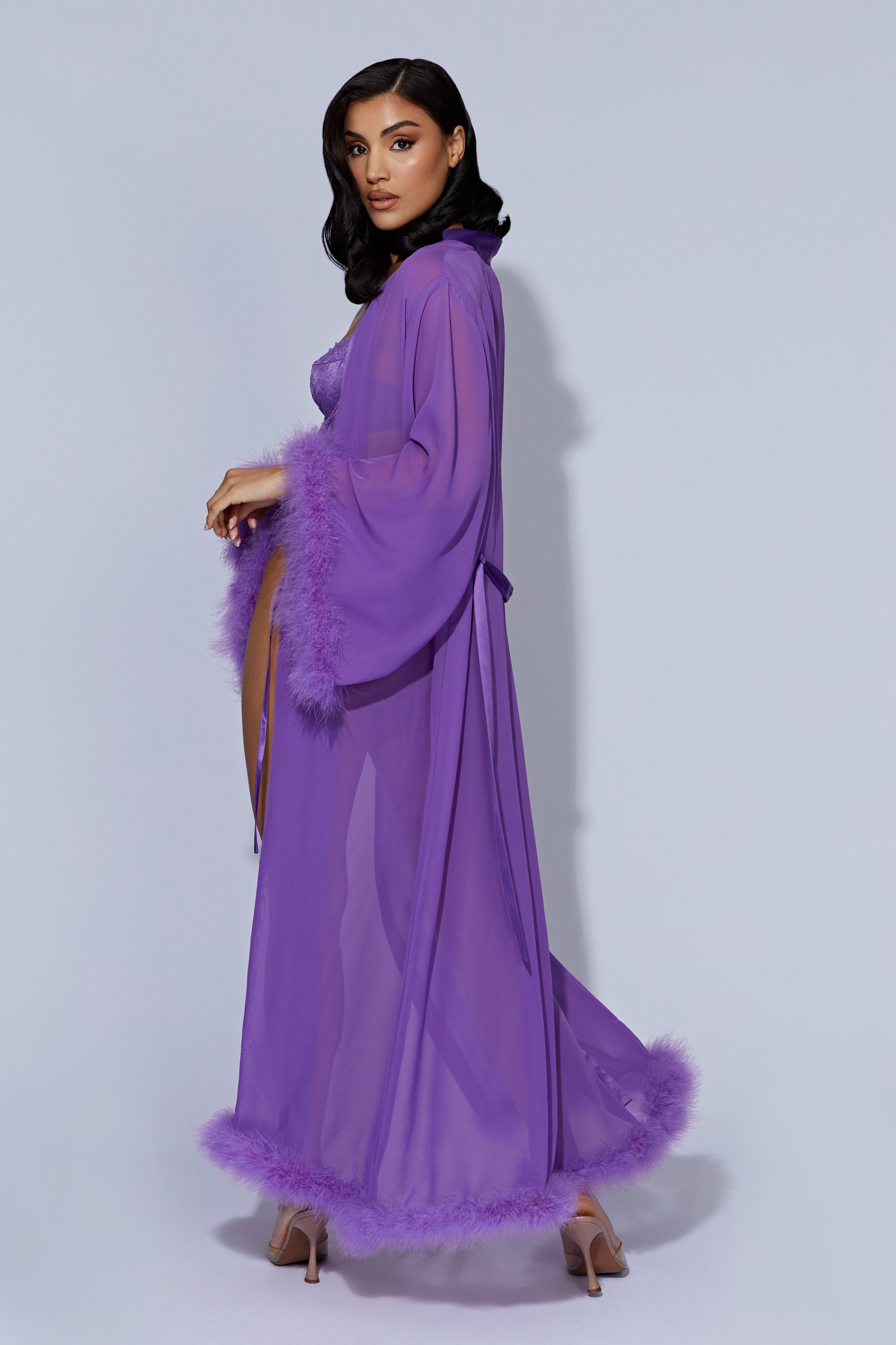 Clara Feather Trim Robe - Grape