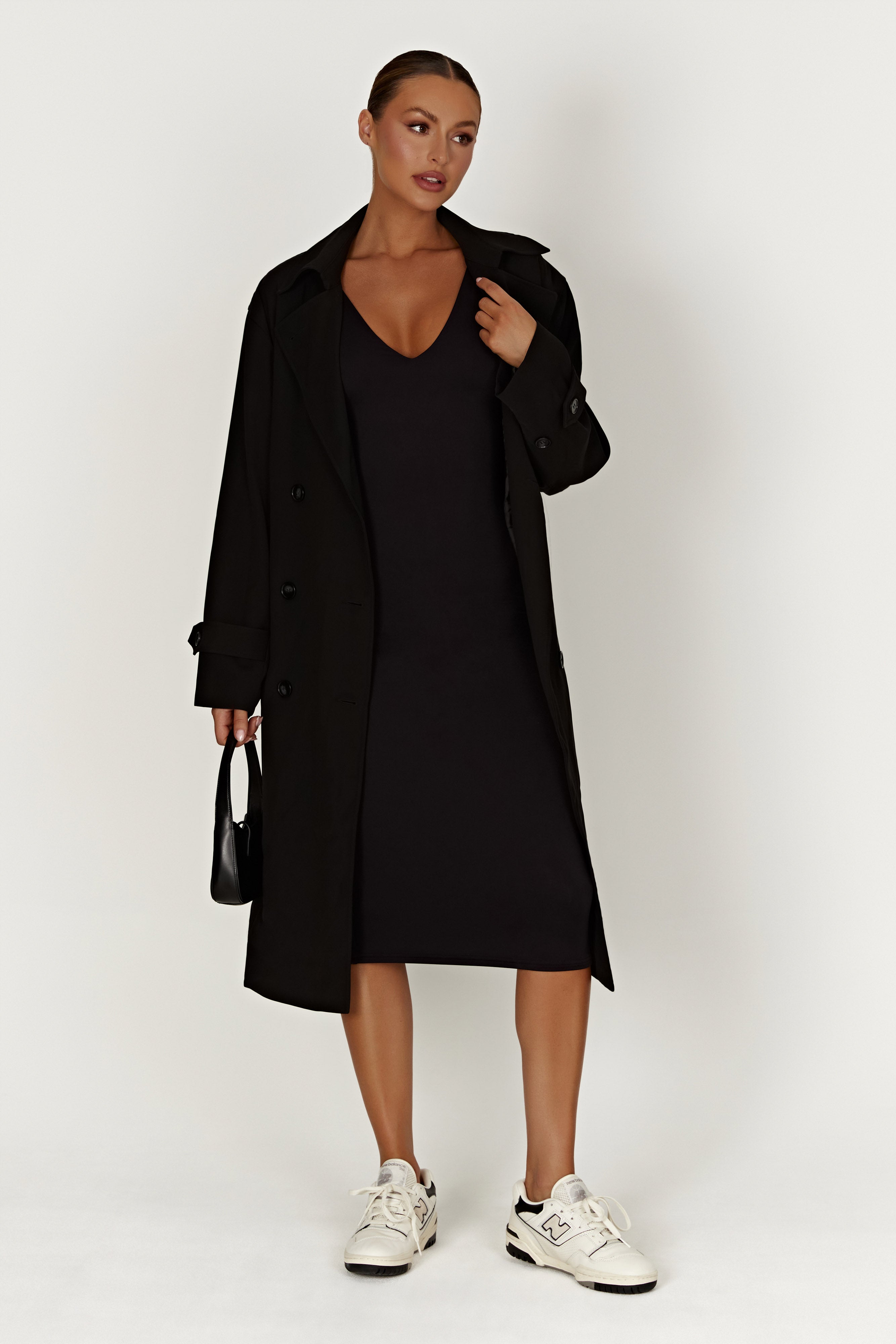 Gretel Recycled Nylon V Neck Midi Dress - Black