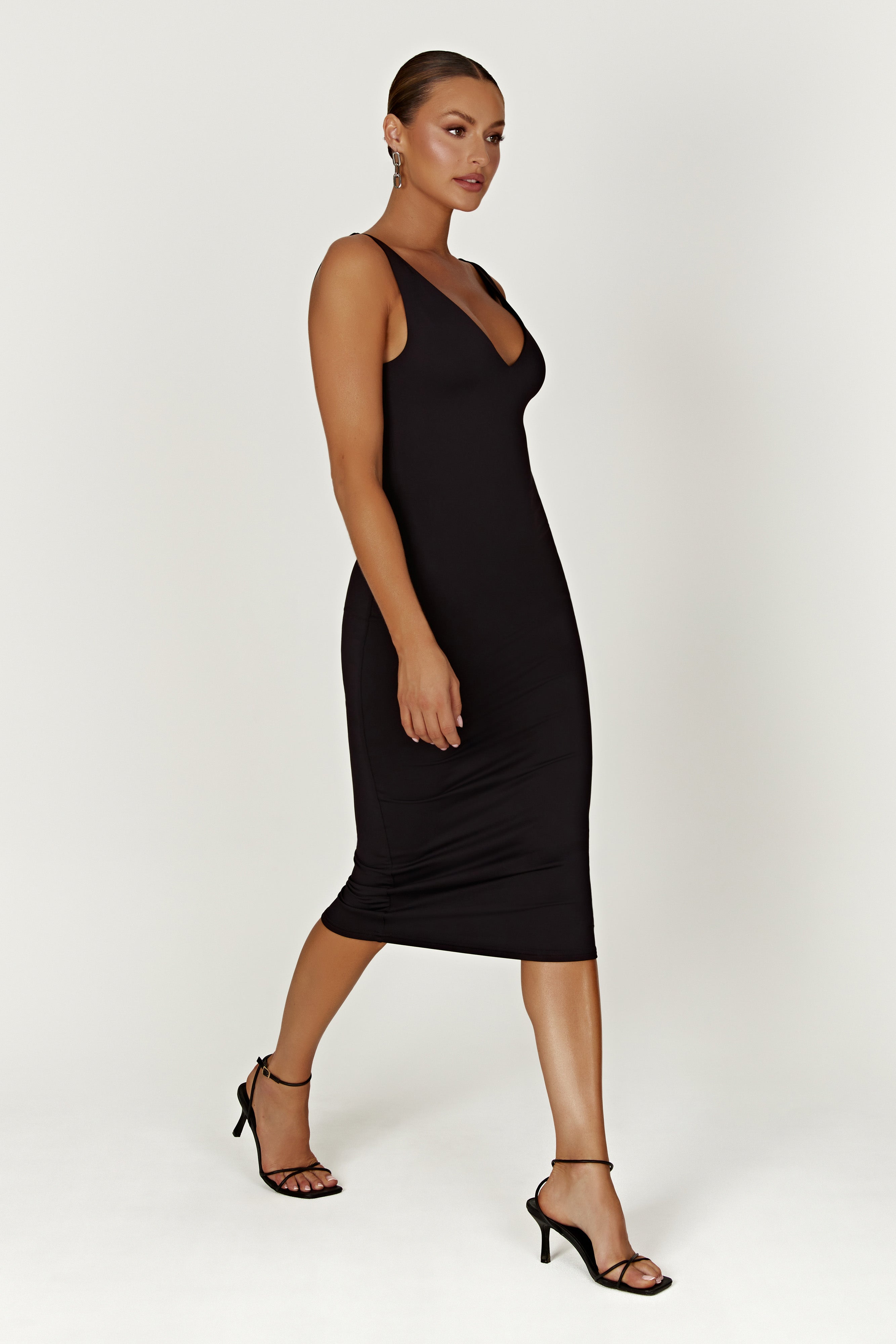 Gretel Recycled Nylon V Neck Midi Dress - Black