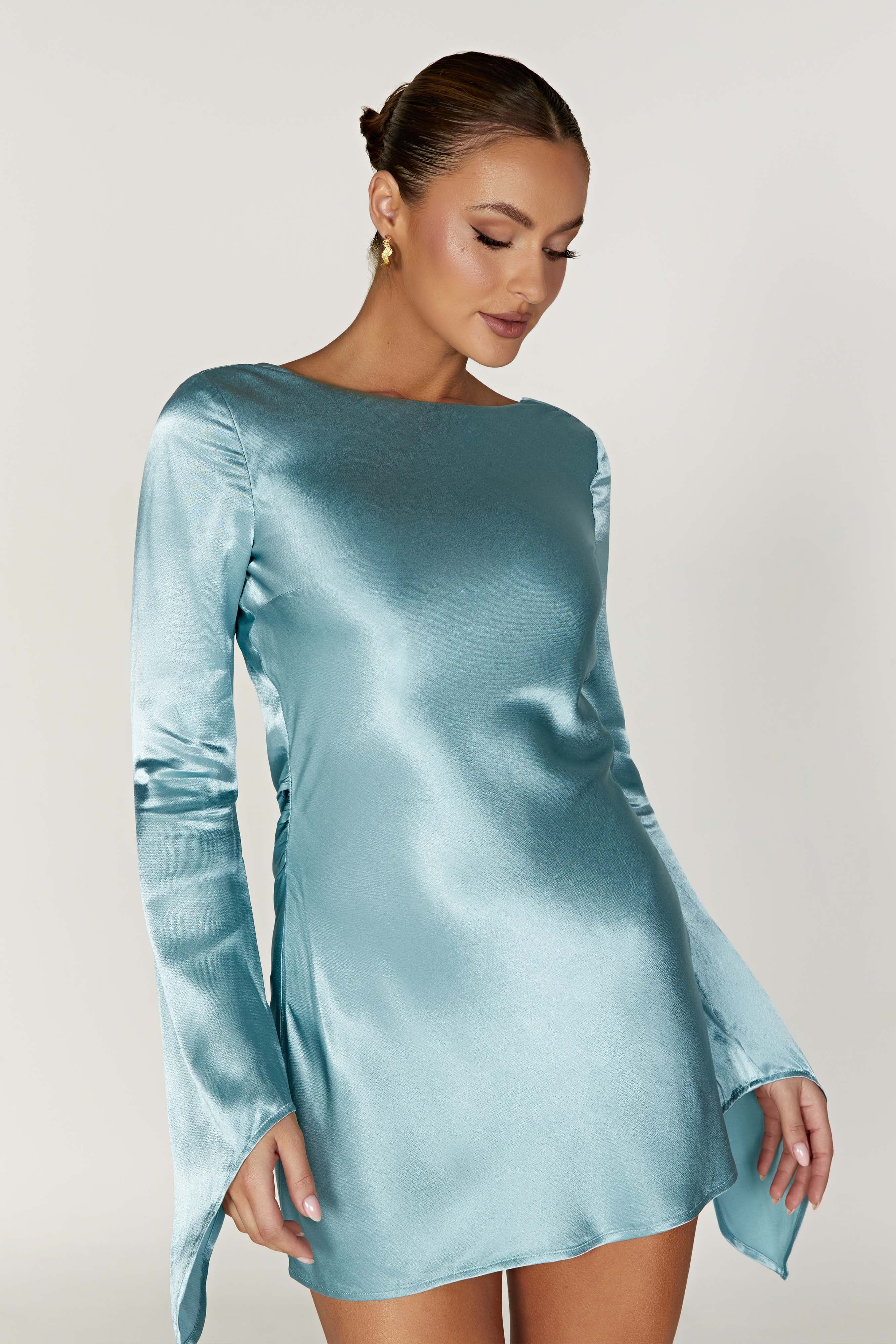 Davina Satin Long Sleeve Mini Dress - Powder Blue