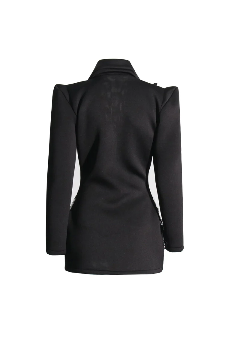 Sparkly Crystal Sequin Fringe Peak Lapel Zip Up Cinched Waist Party Blazer Mini Dress