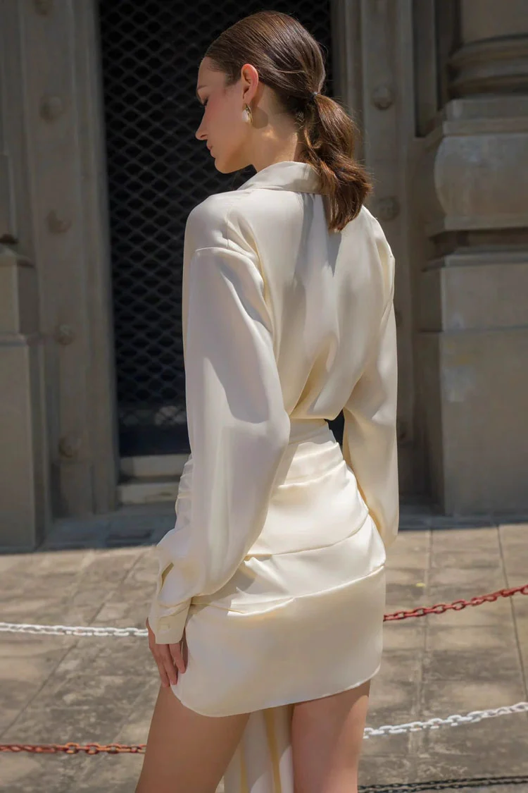 Glossy Collared Button Up Tie Front Ruched Draped Satin Mini Shirt Dress