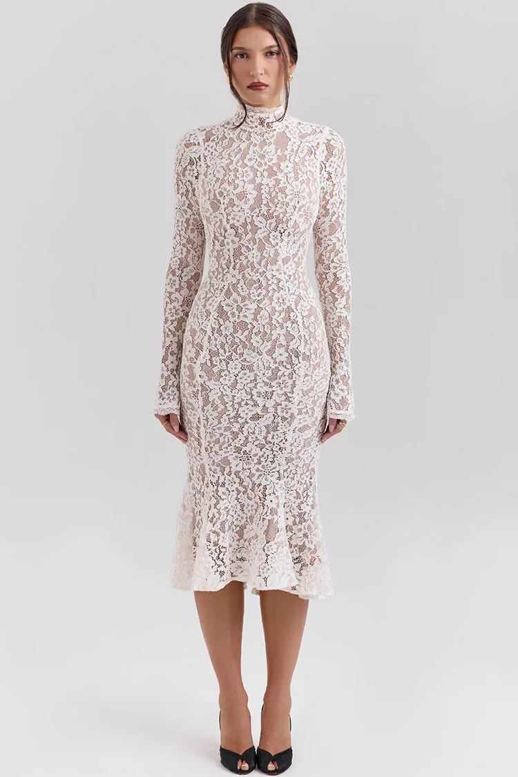 Elegant High Neck Long Sleeve Lace Fishtail Cocktail Party Midi Dress