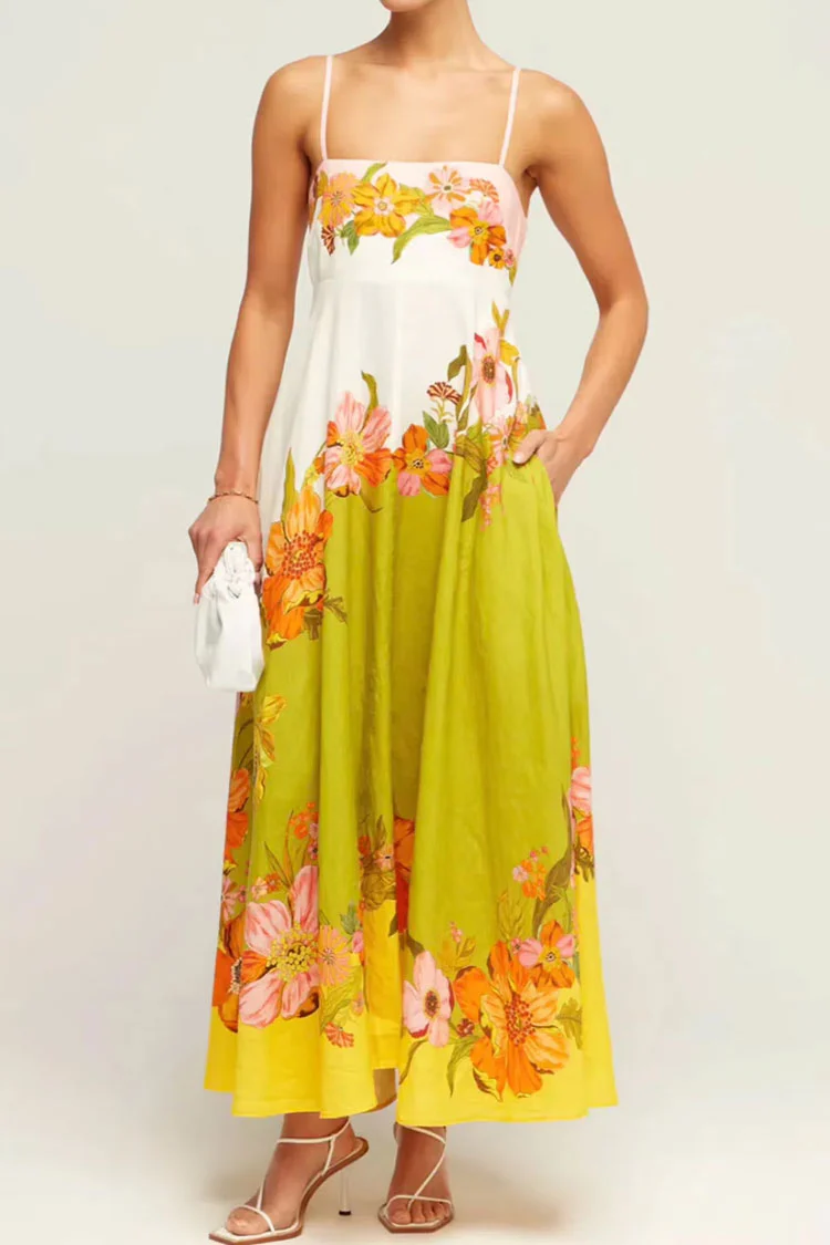 Breezy Square Neck Empire Waist Linen Blend Vacation Floral Maxi Sundress
