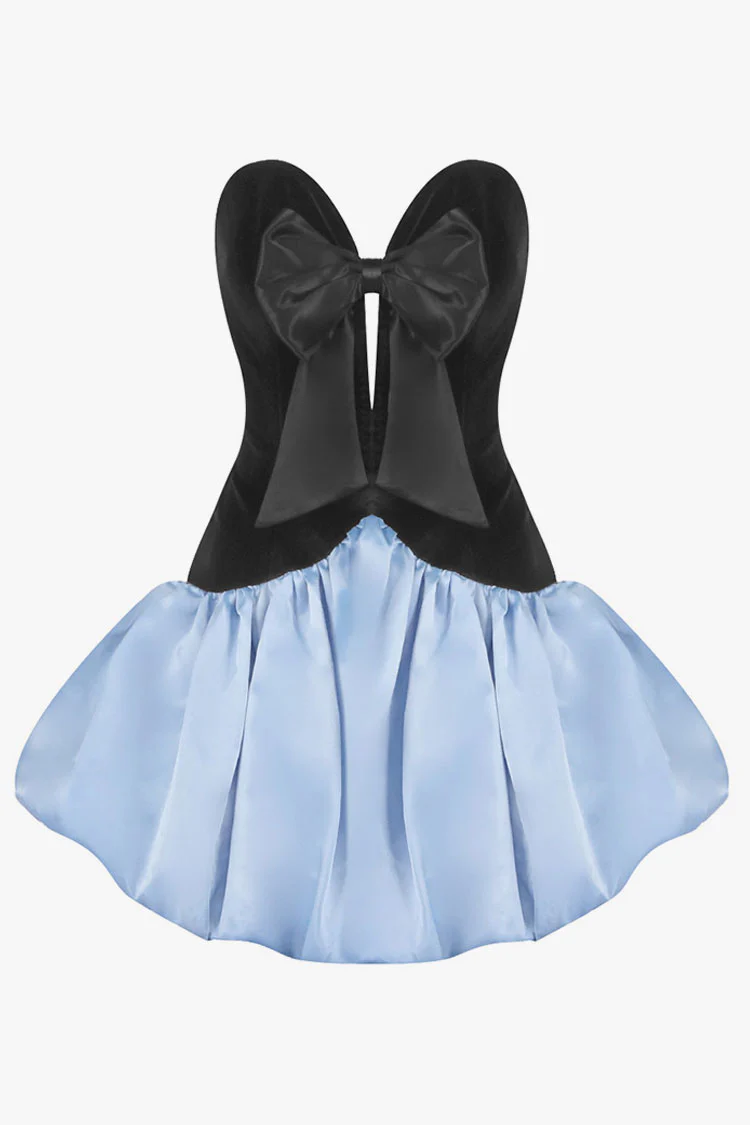 Glossy Bow Plunge Bandeau Velvet Satin Bubble Mini Party Dress