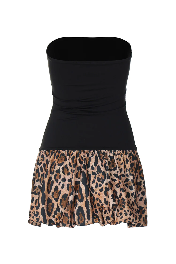 Vintage Strapless Contrast Leopard Panel Drop Waist Bubble Party Mini Dress