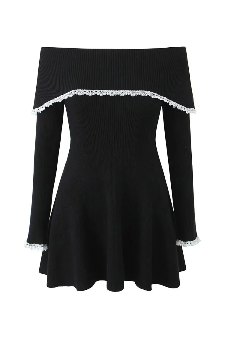 Elegant Contrast Lace Foldover Off Shoulder Ribbed Knit Sweater Mini Dress