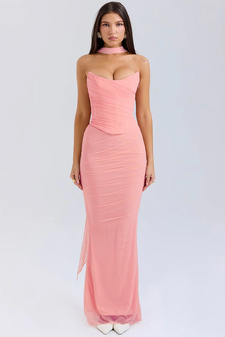 Sexy Mesh Scarf Strapless Crop Corset Ruched Maxi Skirt Two Piece Dress
