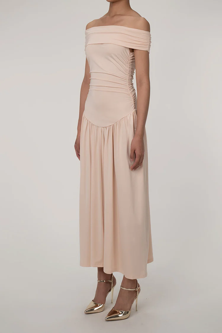Elegant Foldover Off The Shoulder Gathered Drop Waist Formal Maxi Dress