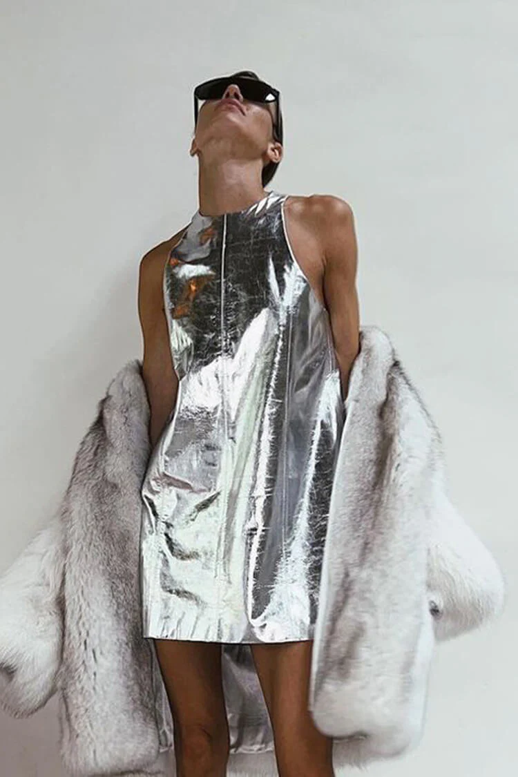 Metallic Crew Neck Sleeveless A Line Vegan Leather Party Mini Dress