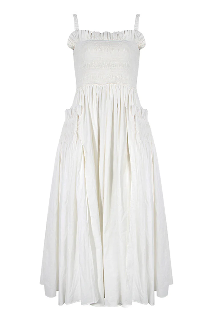 Flowy Ruffled Trim Fit & Flare Sleeveless Cutout Ruched Midi Sundress