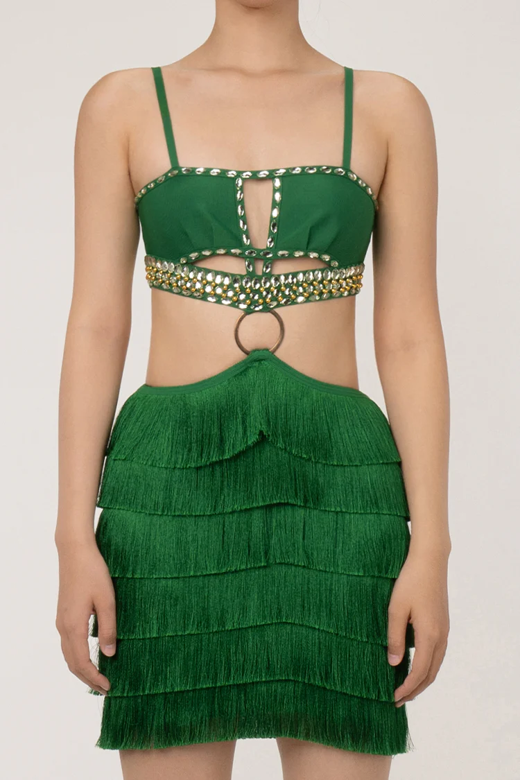 Luxury Crystal O Ring Cutout Waist Bandage Tiered Fringe Micro Mini Dress