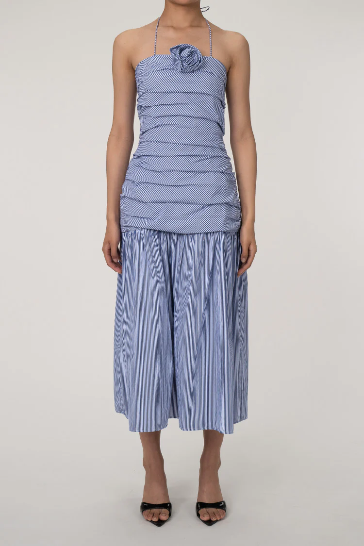 Nautical Striped Rosette Halter Plea Drop Waist Beach Vacation Midi Dress