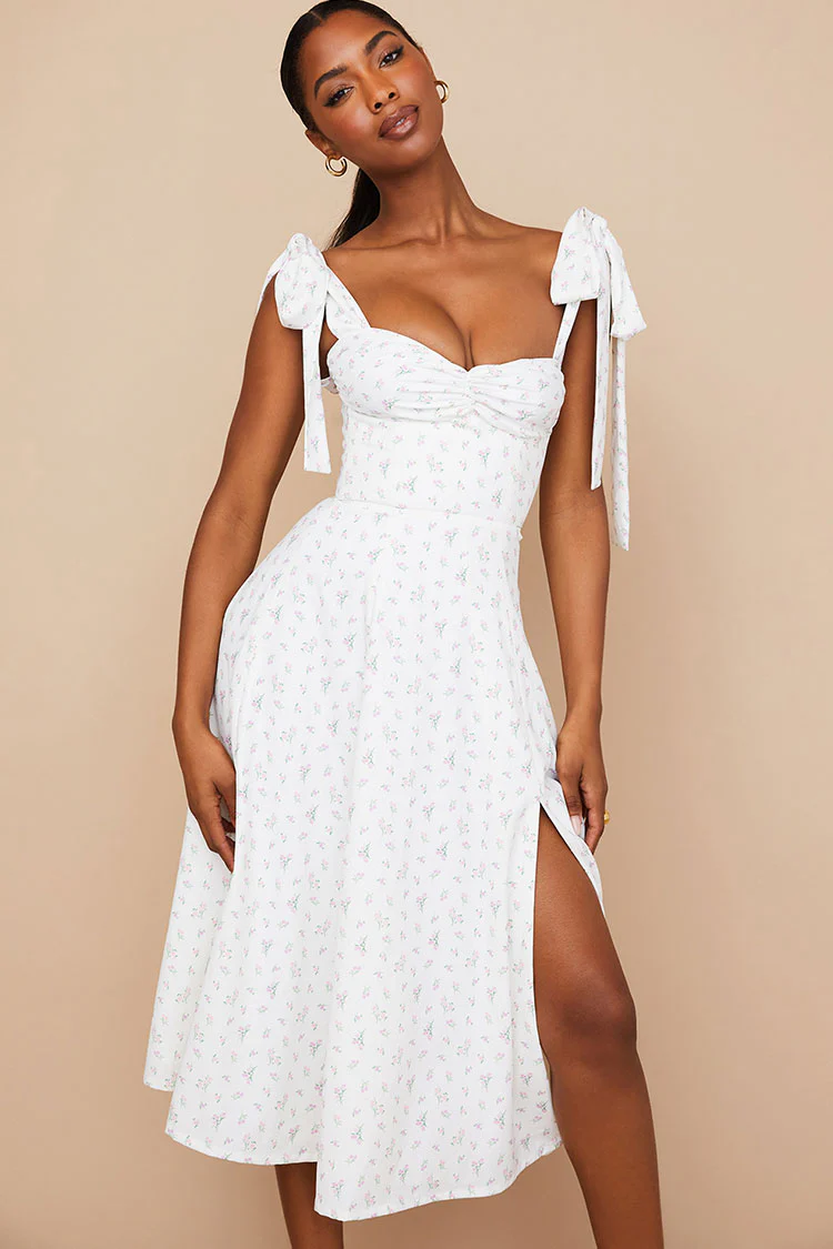 Sexy Ditsy Floral Tie Strap Fit & Flare High Slit Slip Midi Sun Dress - Red
