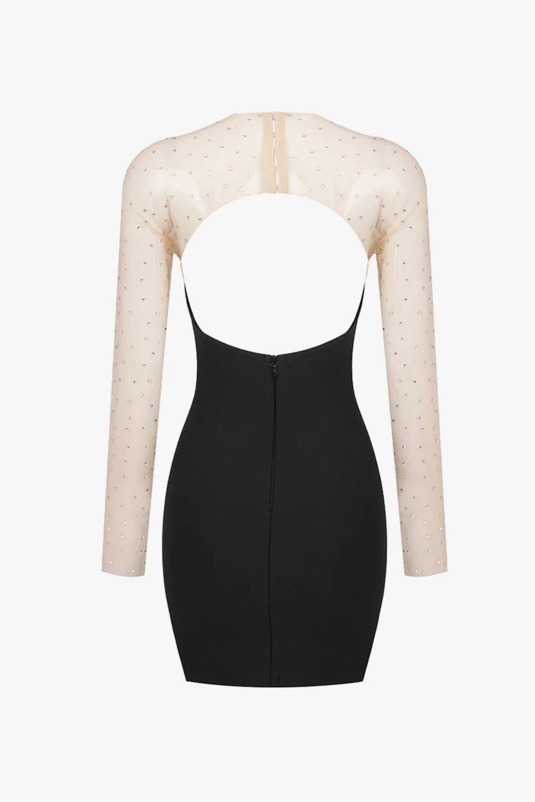 Sparkly Crystal Mesh Bandage Long Sleeve Cut Out Party Mini Dress