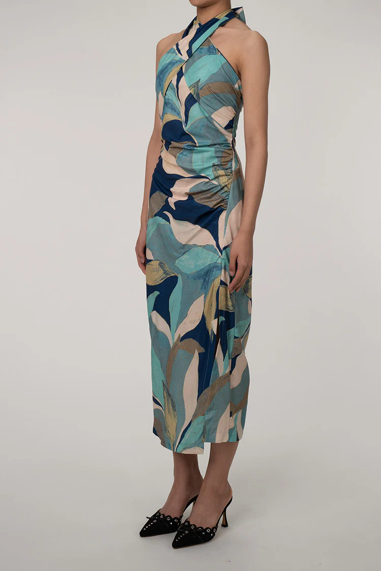Tropical Print Crossover Halter Gathered Trim Split Beach Vacation Midi Dress