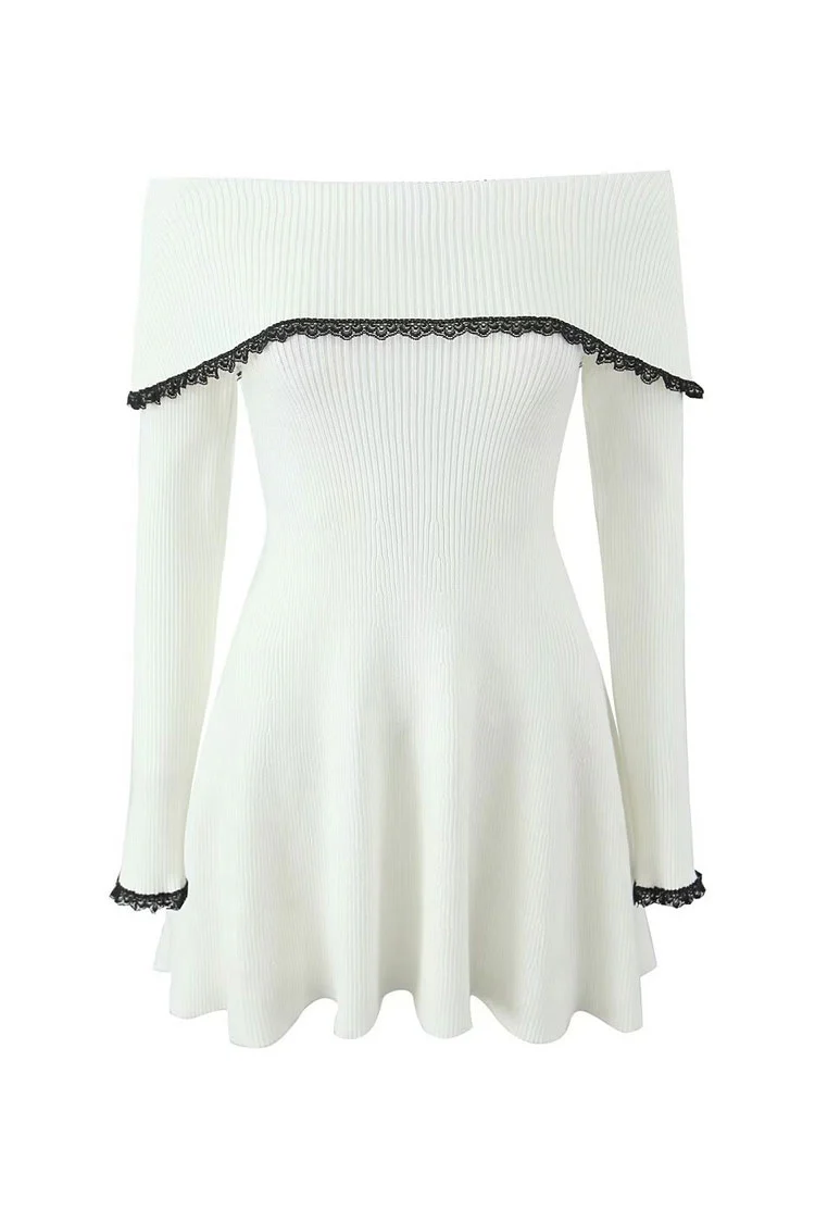 Elegant Contrast Lace Foldover Off Shoulder Ribbed Knit Sweater Mini Dress