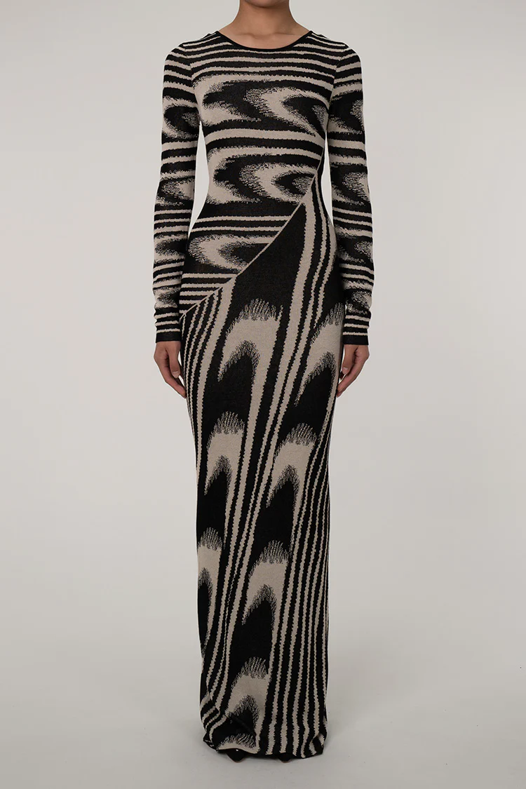 Vintage Geometric Print Crew Neck Long Sleeve Sheath Sweater Maxi Dress