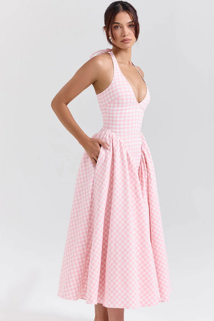 Vintage Gingham Print Halter V Neck Ruffle Drop Waist Vacation Midi Dress