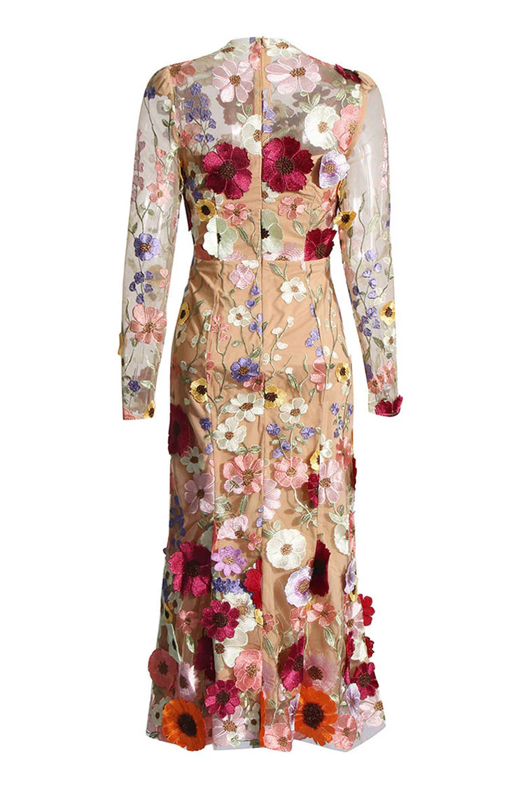 Vintage Floral Embroidered Sheer Mesh Long Sleeve Fishtail Midi Dress
