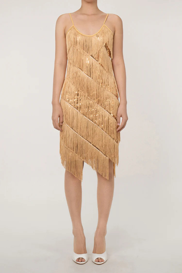 Sparkly Sequin Plunge Spaghetti Strap Tiered Fringe Mini Flapper Dress