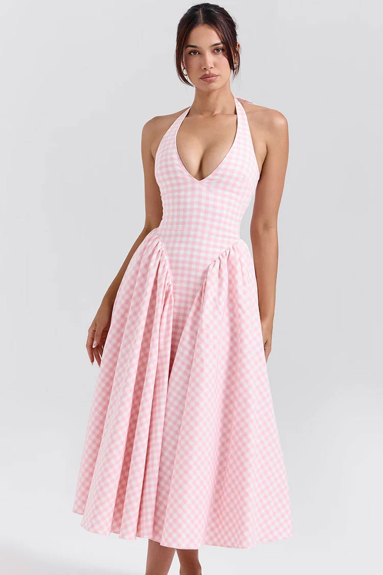 Vintage Gingham Print Halter V Neck Ruffle Drop Waist Vacation Midi Dress