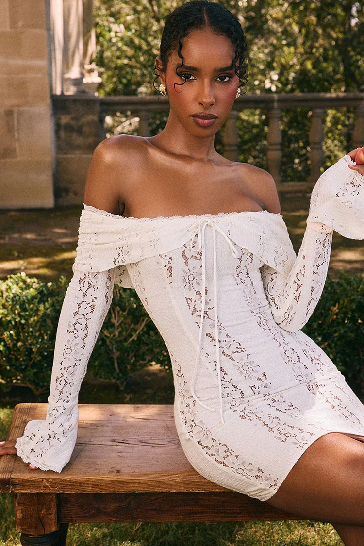 Sweet Foldover Off Shoulder Bow Tie Flared Sleeve Bodycon Lace Party Mini Dress