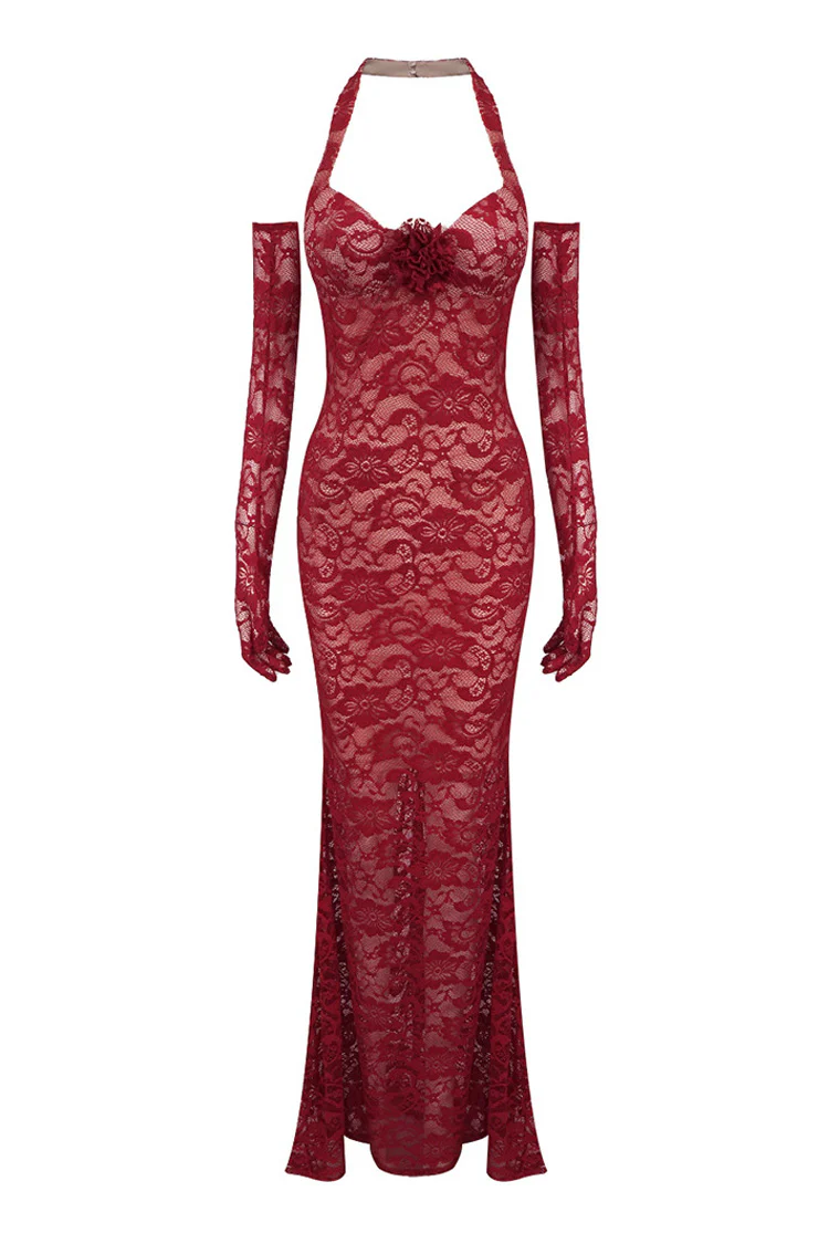 Vintage Rosette Halter Opera Glove Floral Lace Fishtail Evening Maxi Dress