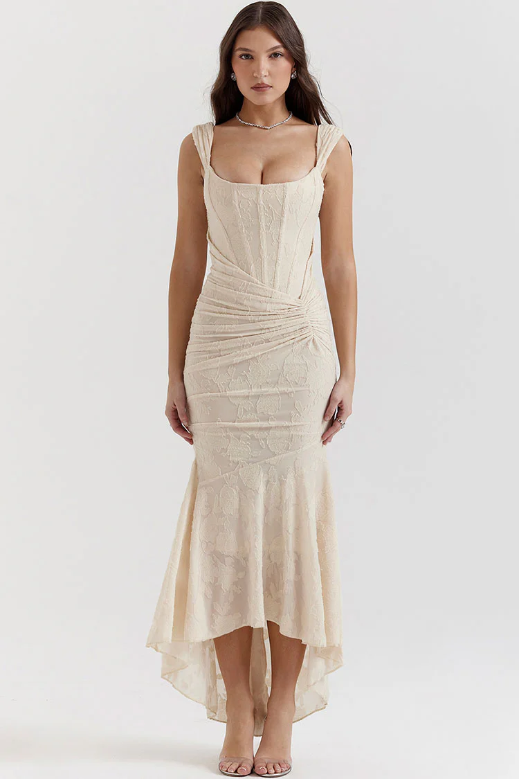 Luxury Textured Floral Ruched Corset Sleeveless Fishtail Evening Dress - Cream