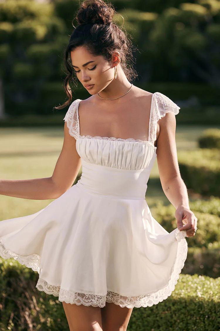 Cute Scalloped Cap Sleeve Square Neck Fitted Flare Mini Summer Sundress - White