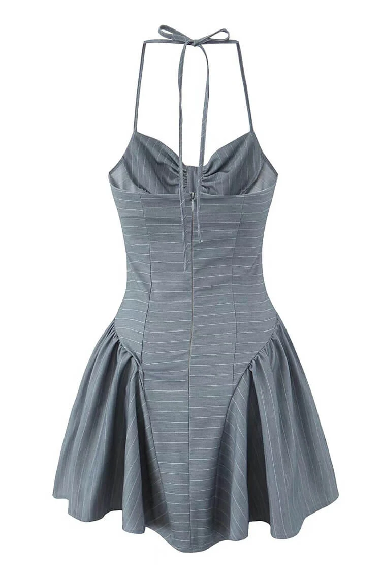 Sexy Pinstripe Print Halter Ruched Bustier Button Drop Waist Party Mini Dress