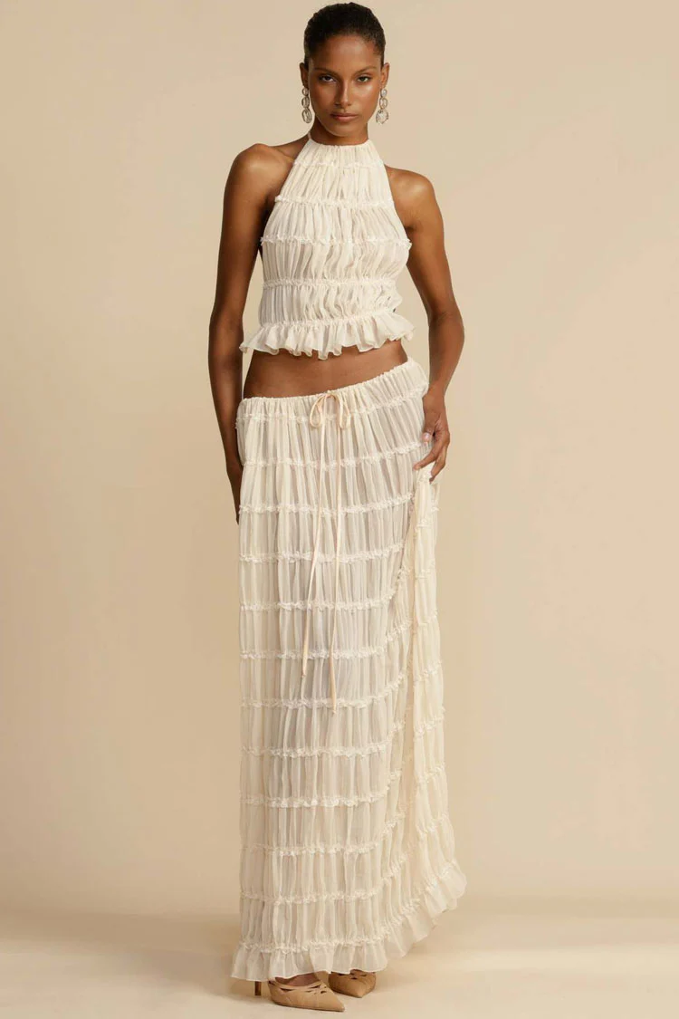 Sexy Halter Backless Lettuce Trim Ruched Chiffon Top Two Piece Maxi Dress