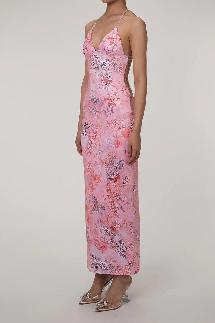 Vintage Printed Strappy Butterfly Backless Plunge Sheath Slip Maxi Dress