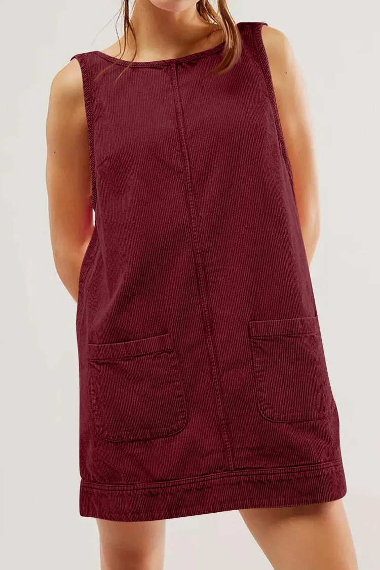 Chic Round Neck Scoop Back Hanky Pocket Corduroy Summer Mini Sundress